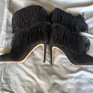 Sam Edelman Black Heeled Boots with Fringe